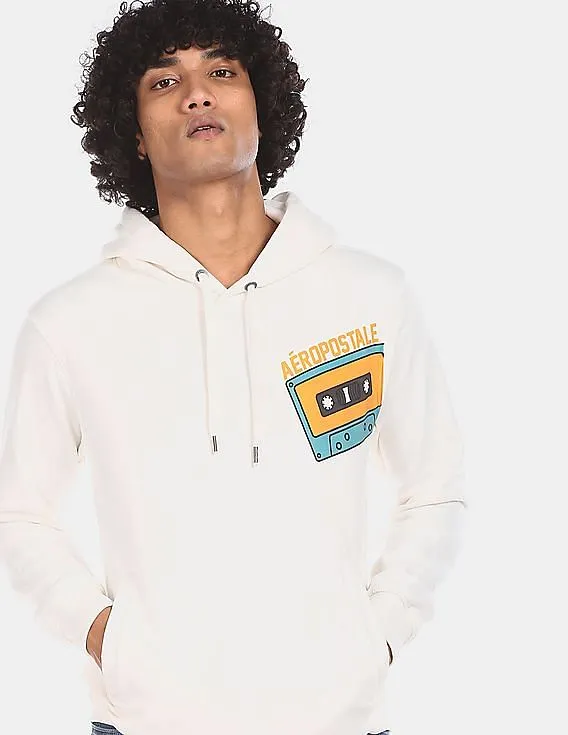 Aeropostale Men White Drawstring Hood Front Print Sweatshirt