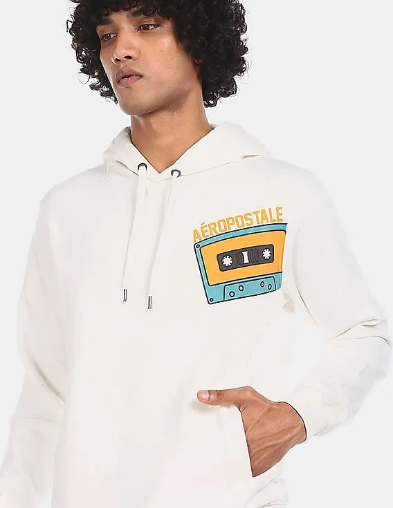 Aeropostale Men White Drawstring Hood Front Print Sweatshirt