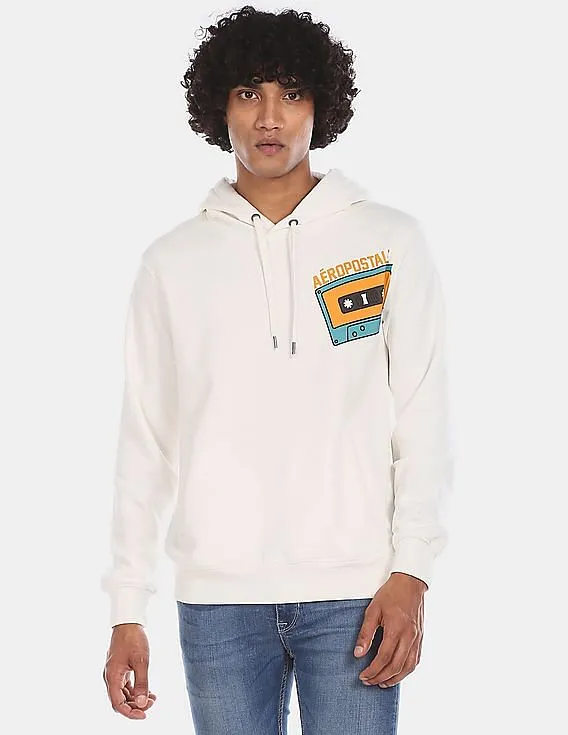 Aeropostale Men White Drawstring Hood Front Print Sweatshirt