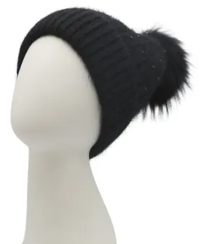 Beaded Knit Hat w/ Fur Pom