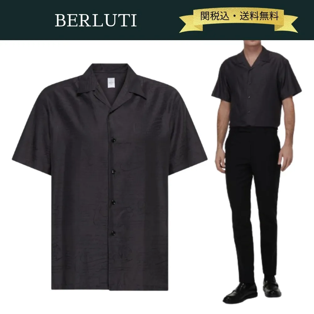 Berluti  |Silk Plain Cotton Short Sleeves Logo Luxury Shirts