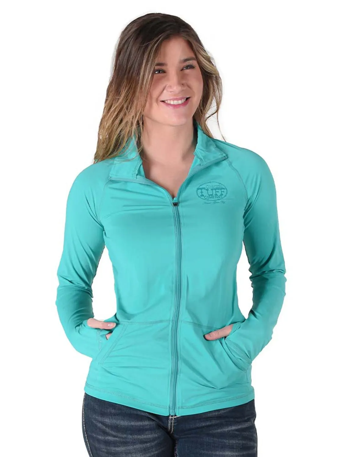 Cowgirl Tuff Womens Full Zip Cadet UPF Turquoise Nylon Softshell Jacket