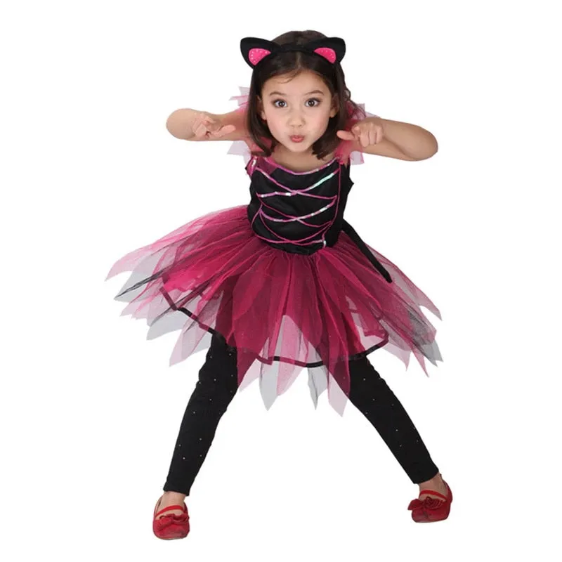 Cute Purple Black Cat Costumes for Girls Child Fancy Halloween Carnival Party New Year Dress Up Cosplay Mujer