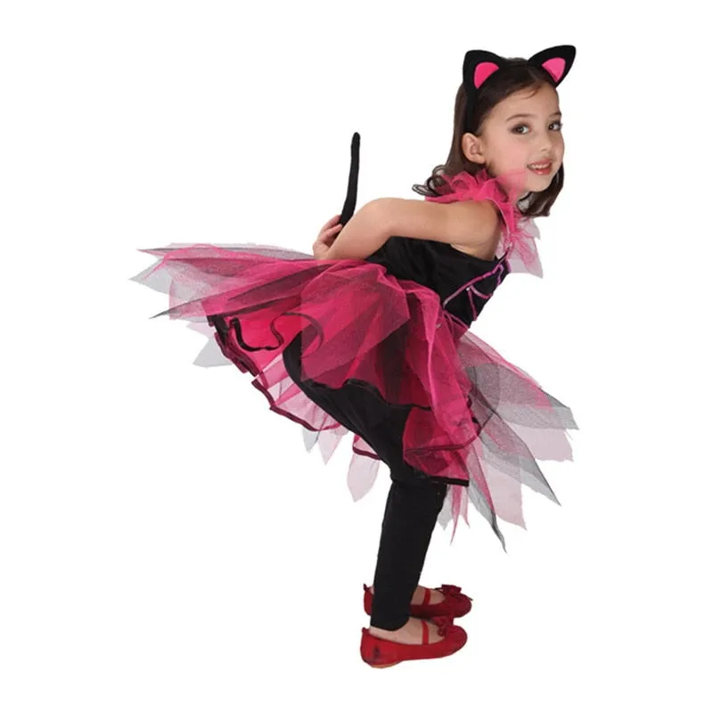 Cute Purple Black Cat Costumes for Girls Child Fancy Halloween Carnival Party New Year Dress Up Cosplay Mujer