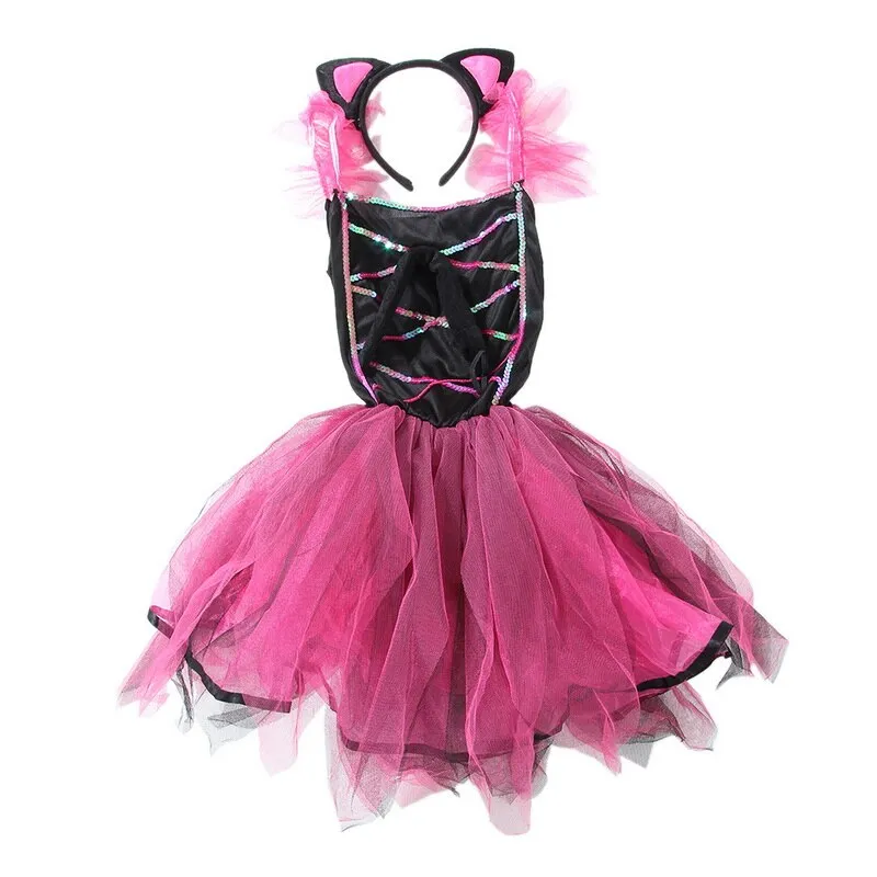 Cute Purple Black Cat Costumes for Girls Child Fancy Halloween Carnival Party New Year Dress Up Cosplay Mujer