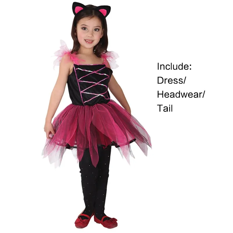 Cute Purple Black Cat Costumes for Girls Child Fancy Halloween Carnival Party New Year Dress Up Cosplay Mujer