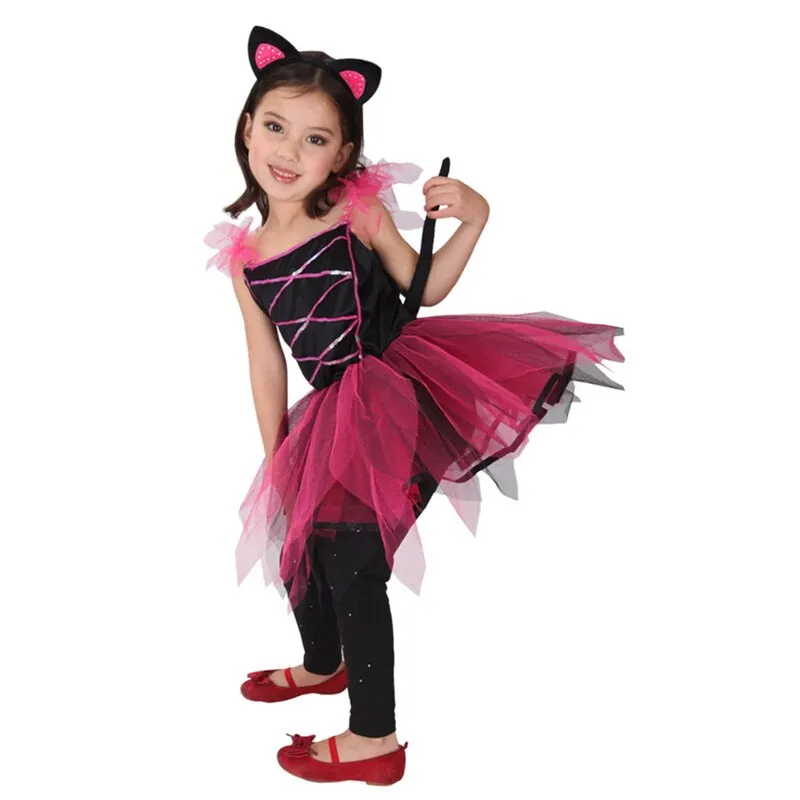 Cute Purple Black Cat Costumes for Girls Child Fancy Halloween Carnival Party New Year Dress Up Cosplay Mujer