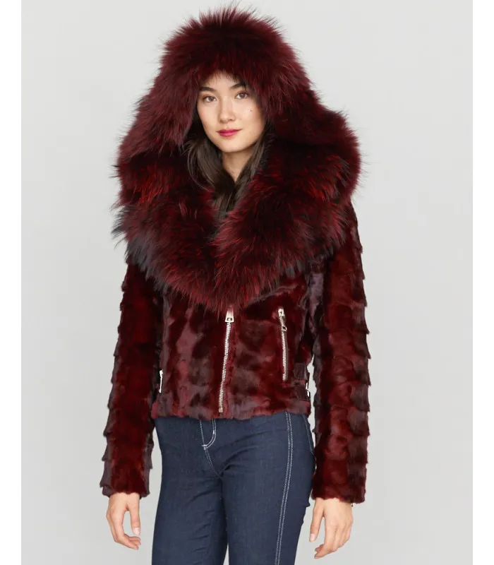 Diamond Mink Motor Jacket w/Fox Collar & Hood in Burgundy: FurHatWorld