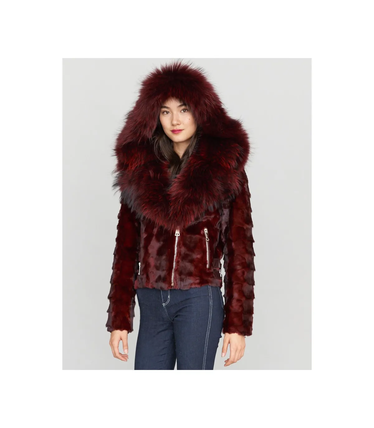 Diamond Mink Motor Jacket w/Fox Collar & Hood in Burgundy: FurHatWorld