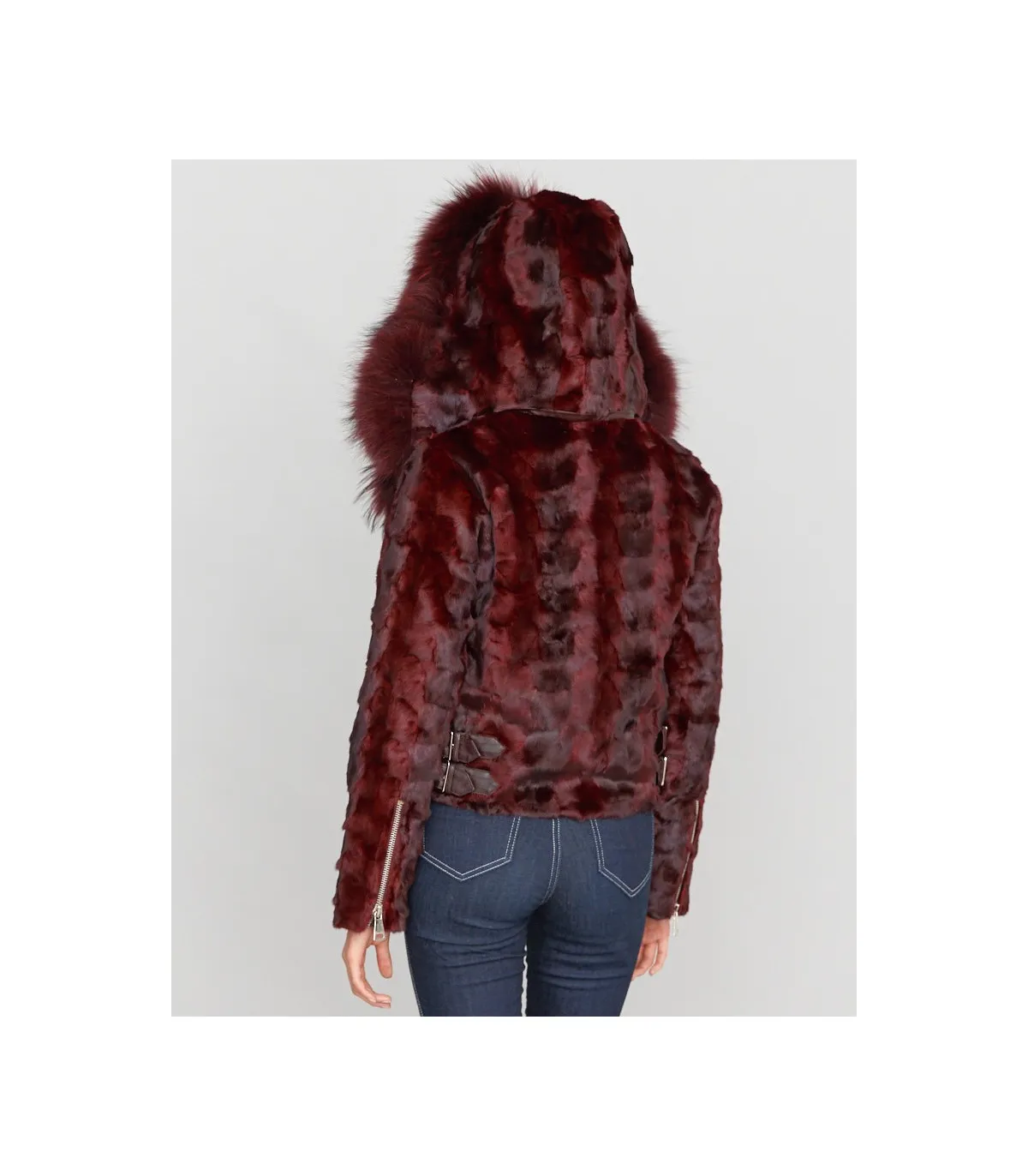 Diamond Mink Motor Jacket w/Fox Collar & Hood in Burgundy: FurHatWorld