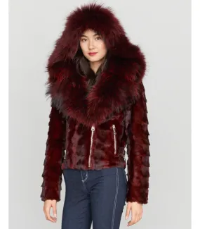 Diamond Mink Motor Jacket w/Fox Collar & Hood in Burgundy: FurHatWorld