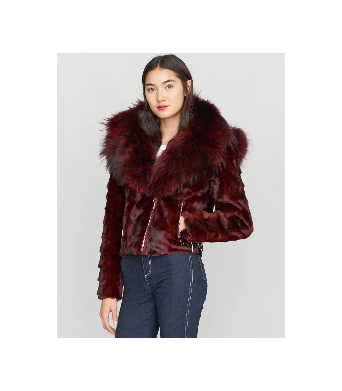 Diamond Mink Motor Jacket w/Fox Collar & Hood in Burgundy: FurHatWorld