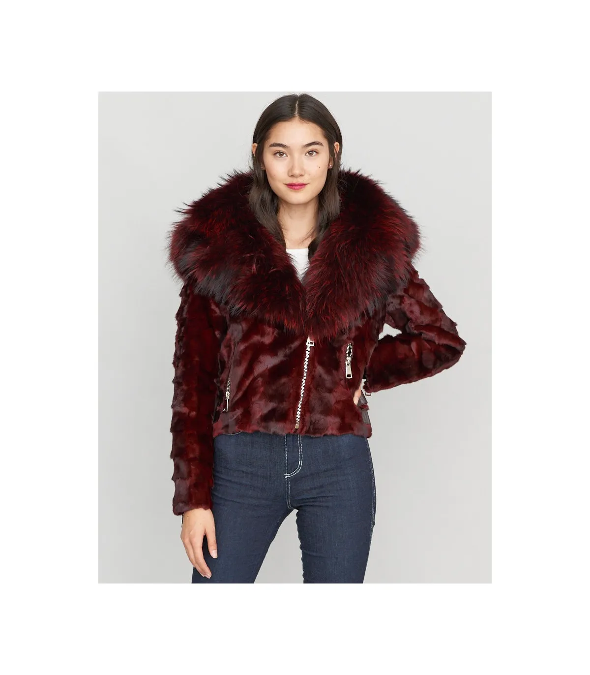 Diamond Mink Motor Jacket w/Fox Collar & Hood in Burgundy: FurHatWorld