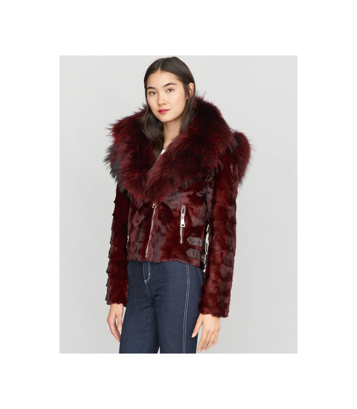 Diamond Mink Motor Jacket w/Fox Collar & Hood in Burgundy: FurHatWorld