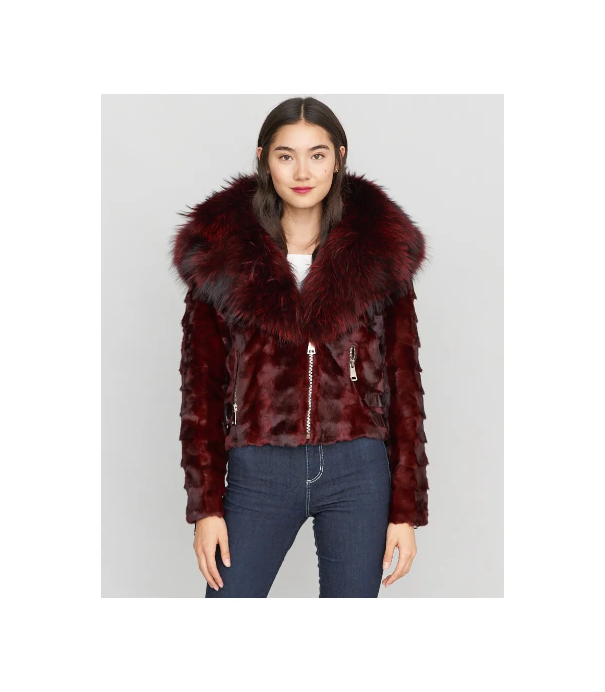 Diamond Mink Motor Jacket w/Fox Collar & Hood in Burgundy: FurHatWorld