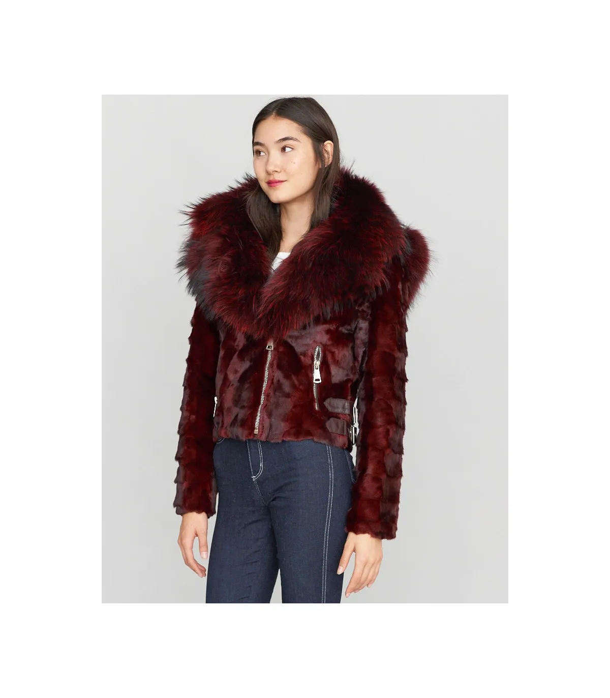 Diamond Mink Motor Jacket w/Fox Collar & Hood in Burgundy: FurHatWorld