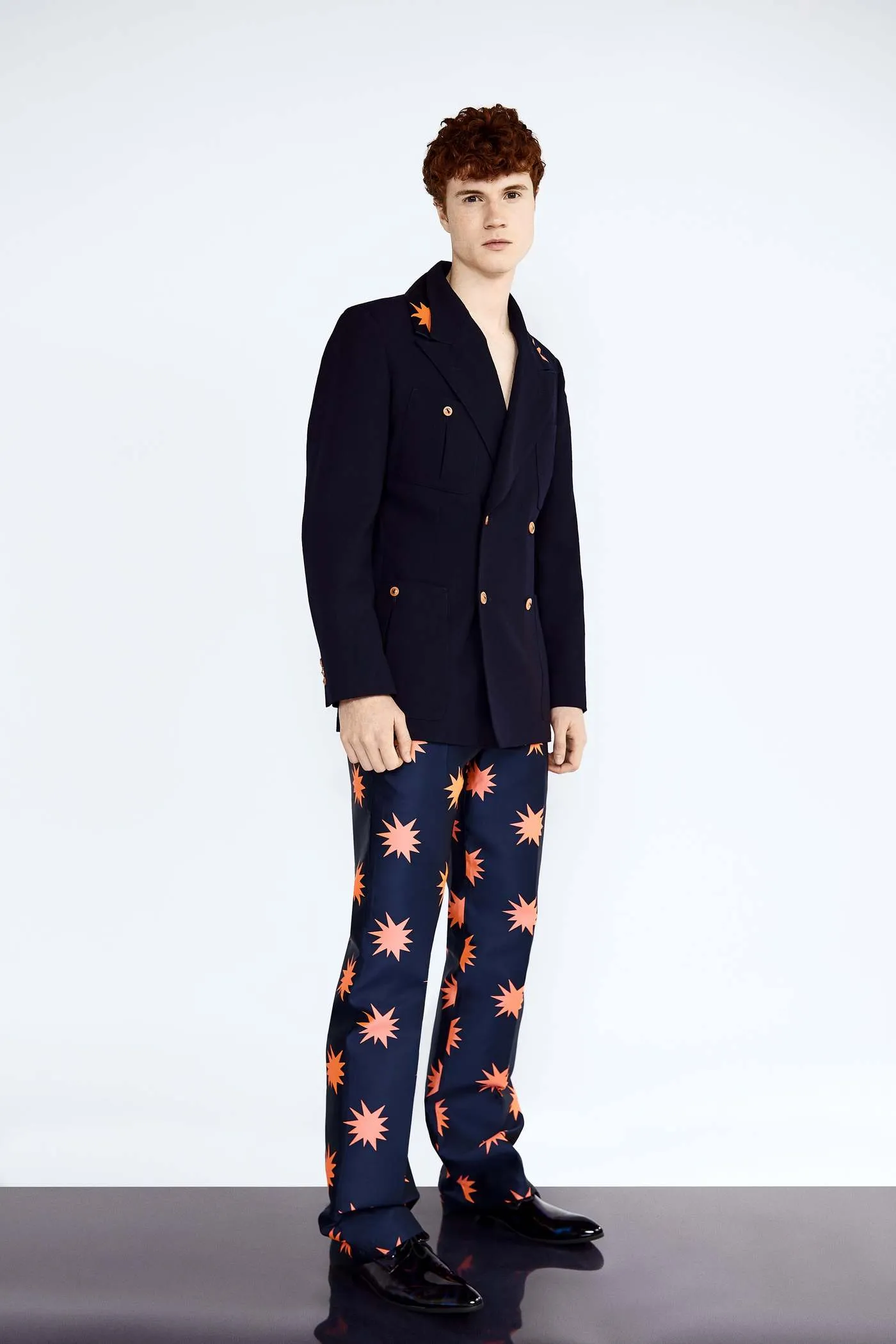 Double-breasted Jacket, Pink Stars Trousers Two Piece Suit