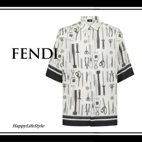 FENDI  |Silk Short Sleeves Oversized Logo Luxury Shirts