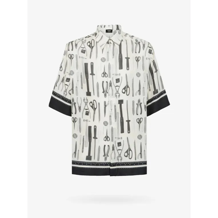 FENDI  |Silk Short Sleeves Oversized Logo Luxury Shirts