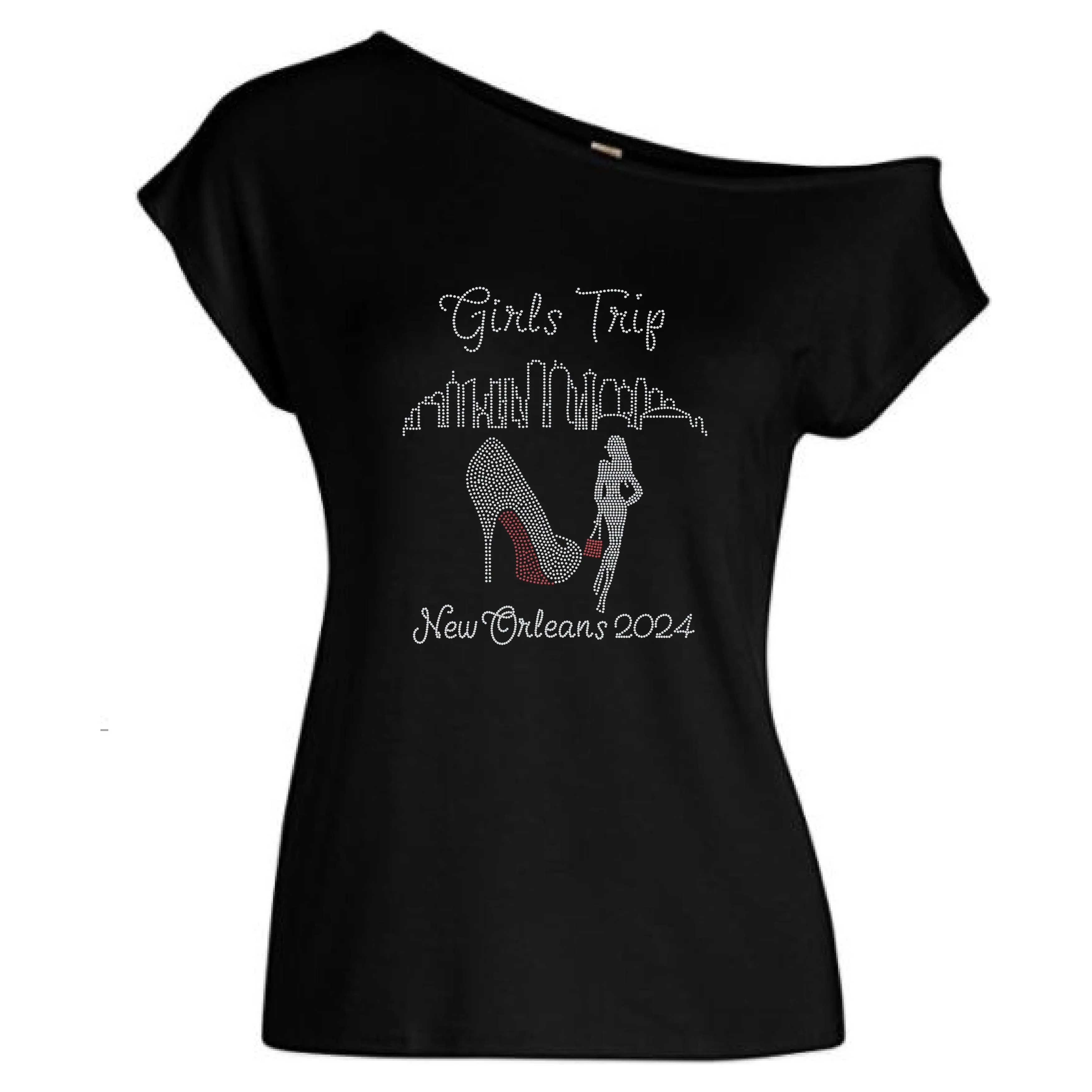 Girls Trip New Orleans Skyline Rhinestone Off Shoulder Tee