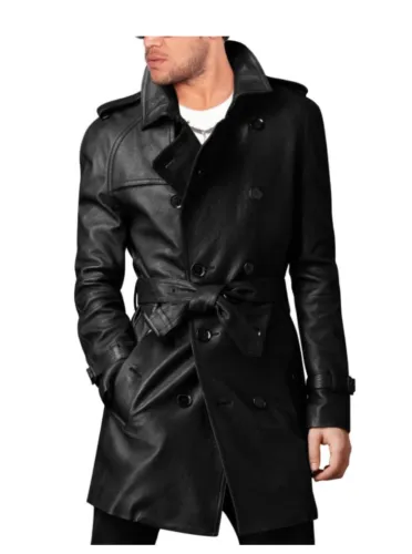 homme élégant avec ceinture noir manteau long, cuir Trench-coat, pois coat-bnwt