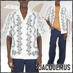 JACQUEMUS  |Flower Patterns Denim Linen Street Style Short Sleeves Logo