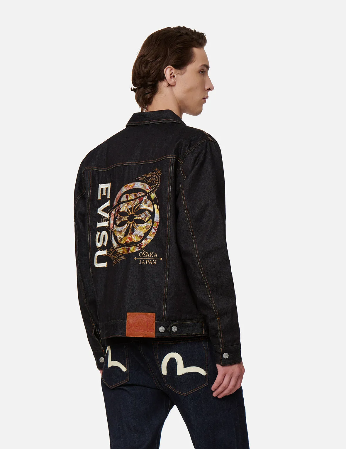 Koi-pattern Kamon and Logo Embroidery Denim Jacket