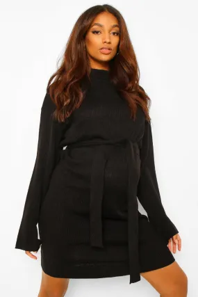 Maternity Tie Waist High Neck Sweater Dress