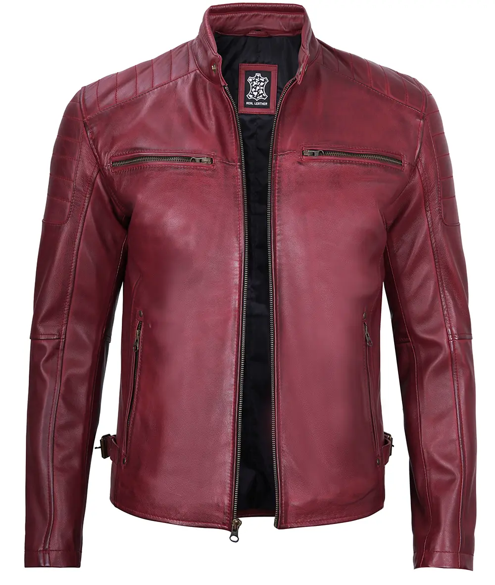 Men's Maroon Waxed Cafe Racer Leather Jacket