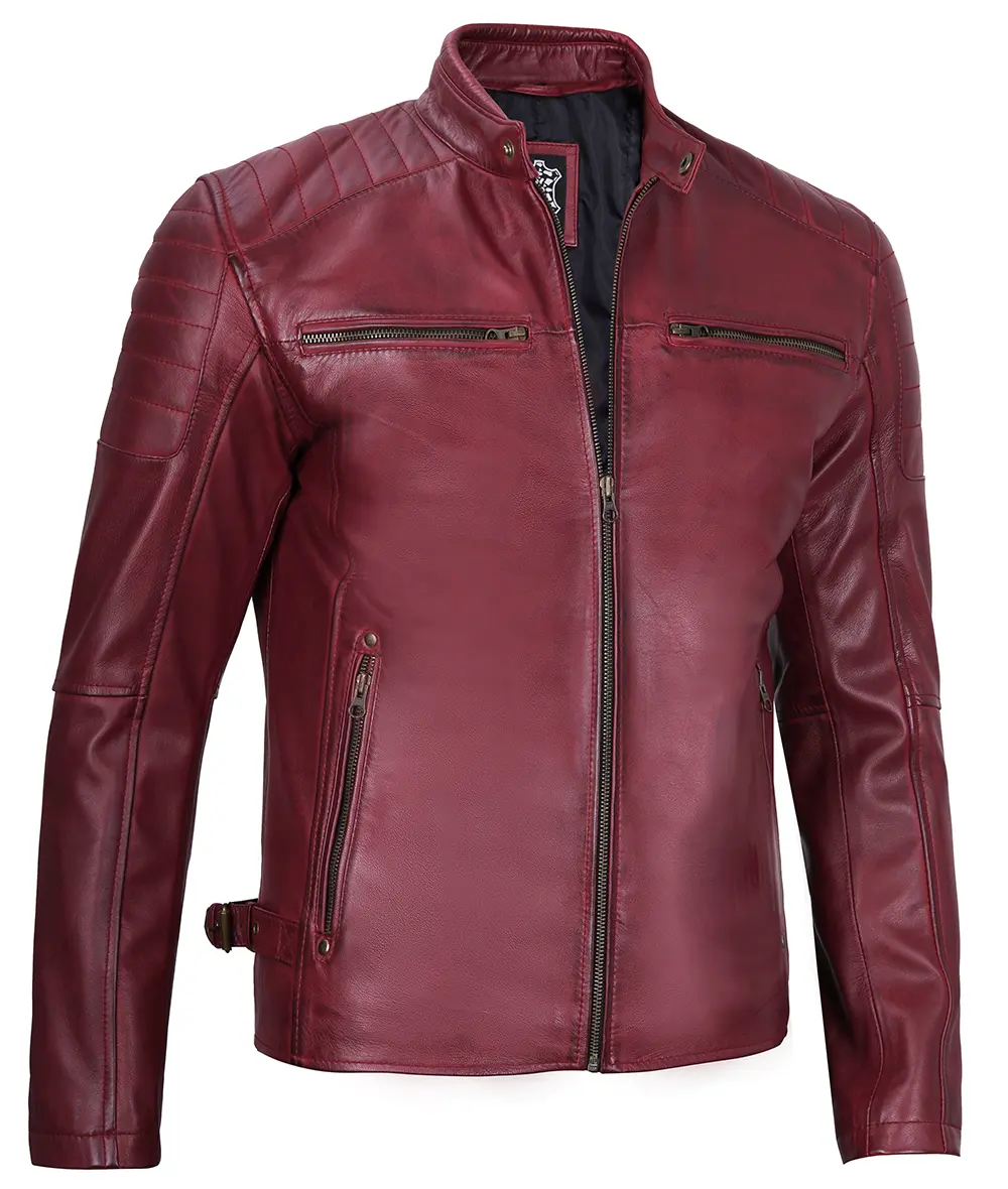 Men's Maroon Waxed Cafe Racer Leather Jacket