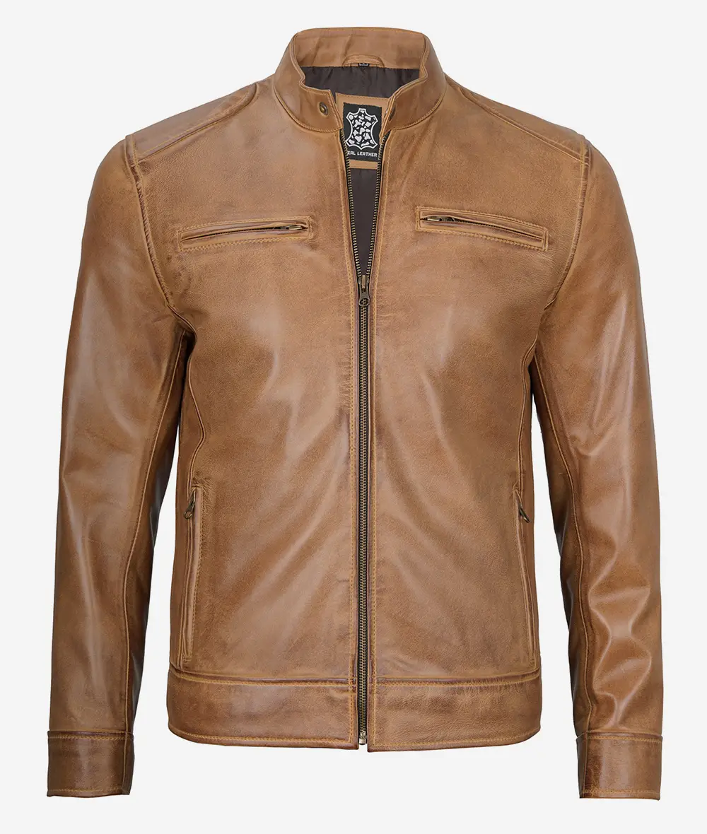 Mens Camel Brown Cafe Racer Leather Jacket