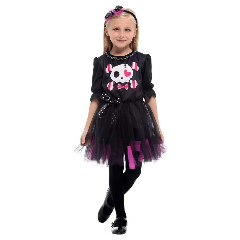 New Halloween Costumes for Girls Sweet Skull Dress Costume Black Color Kids Cosplay Cloth