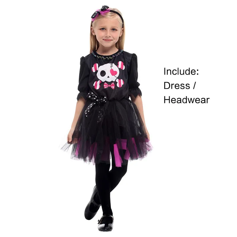 New Halloween Costumes for Girls Sweet Skull Dress Costume Black Color Kids Cosplay Cloth