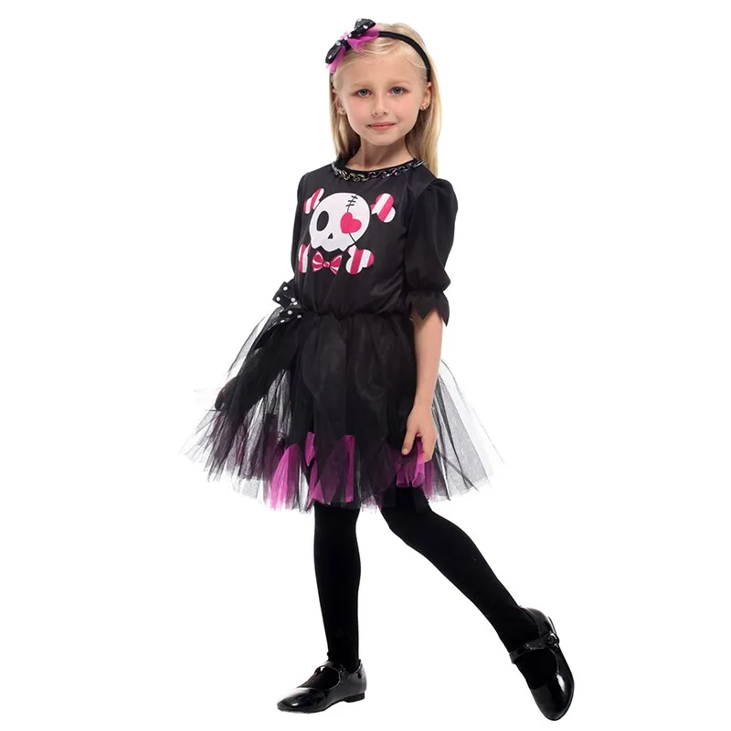 New Halloween Costumes for Girls Sweet Skull Dress Costume Black Color Kids Cosplay Cloth