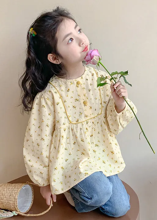 New Khaki O-Neck Print Cotton Girls Shirt Long Sleeve