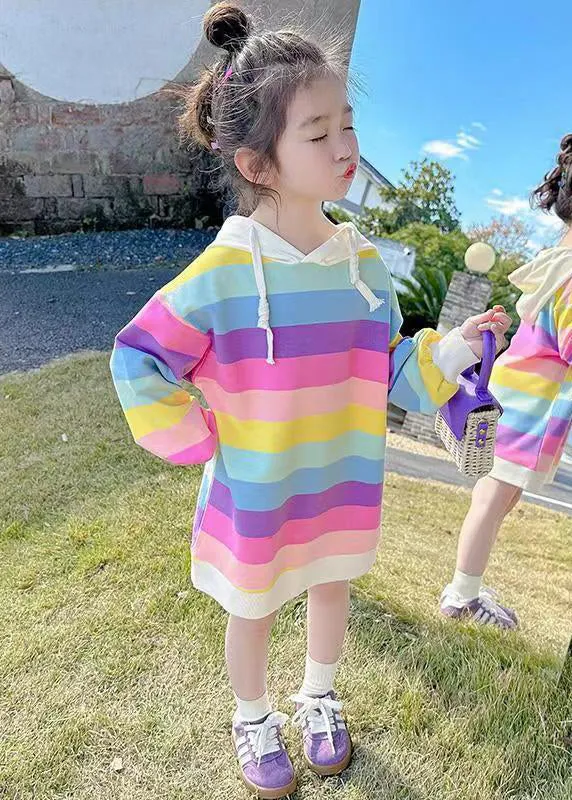 New Rainbow Hooded Lace Up Cotton Girls Sweatshirt Dress Fall