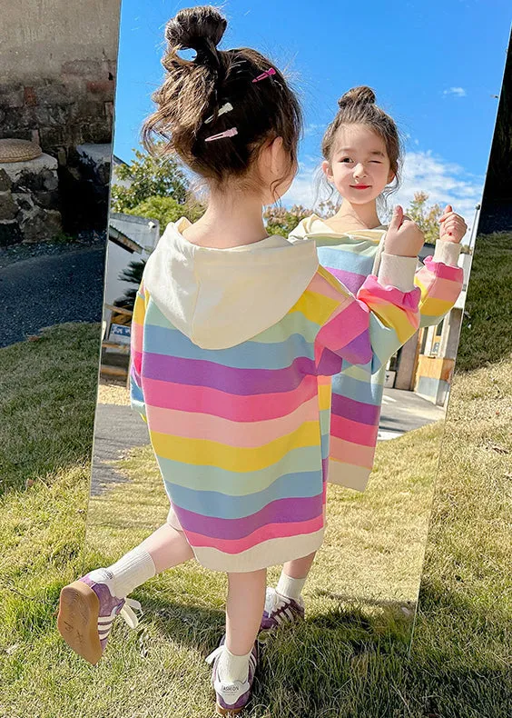 New Rainbow Hooded Lace Up Cotton Girls Sweatshirt Dress Fall