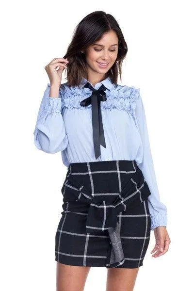 Off Blue Ruffle Bow Tie Blouse