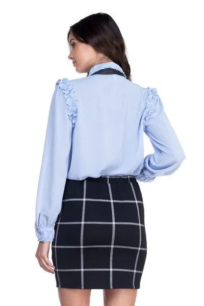 Off Blue Ruffle Bow Tie Blouse