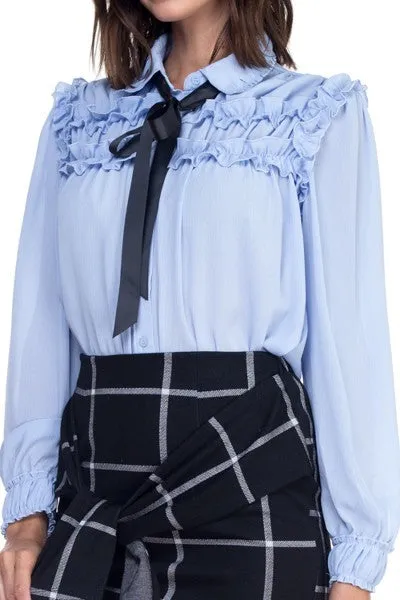 Off Blue Ruffle Bow Tie Blouse