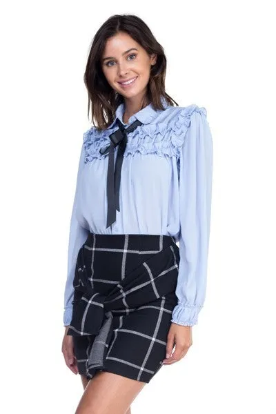 Off Blue Ruffle Bow Tie Blouse