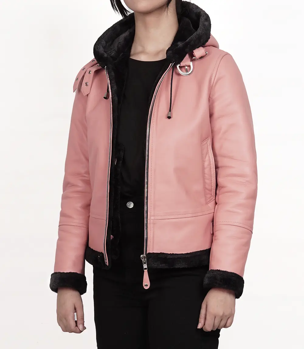 Pink Ladies Leather Aviator Jacket With Hood