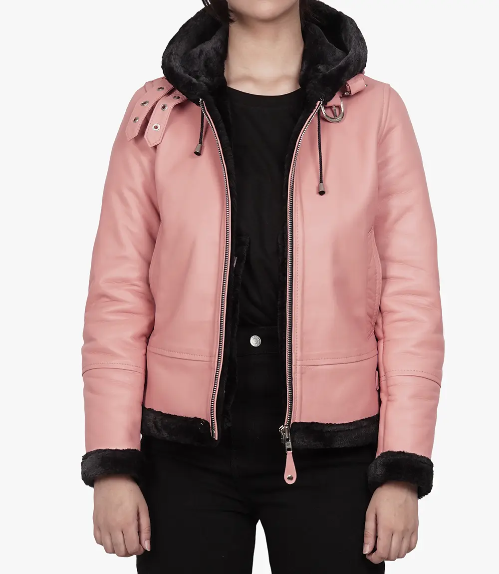 Pink Ladies Leather Aviator Jacket With Hood