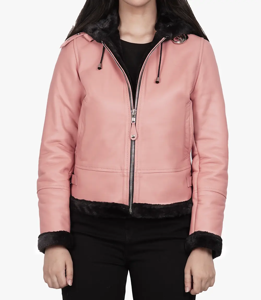 Pink Ladies Leather Aviator Jacket With Hood