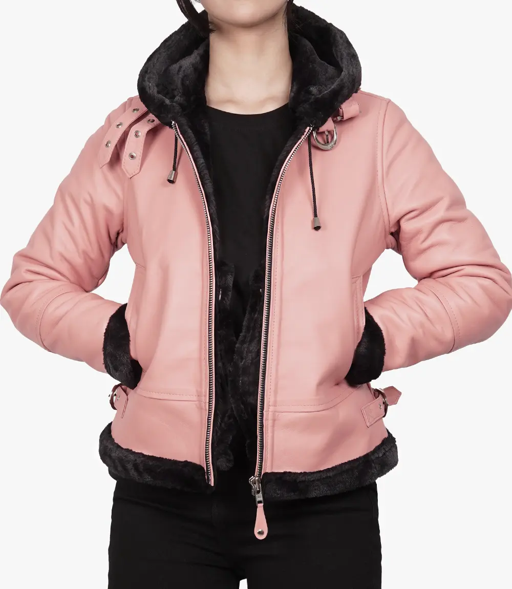 Pink Ladies Leather Aviator Jacket With Hood