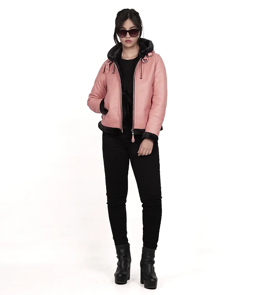 Pink Ladies Leather Aviator Jacket With Hood