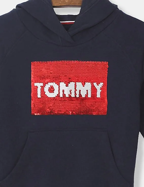 Tommy Hilfiger Kids Girls Navy Brand Flag Flip Sequins Hood Sweatshirt