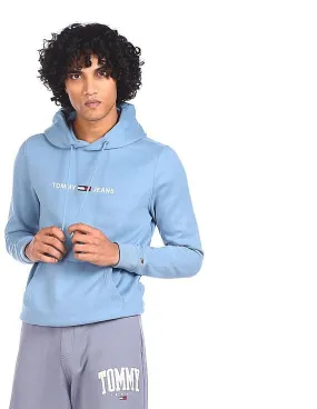 Tommy Hilfiger Men Light Blue Straight Logo Drawstring Hood Sweatshirt