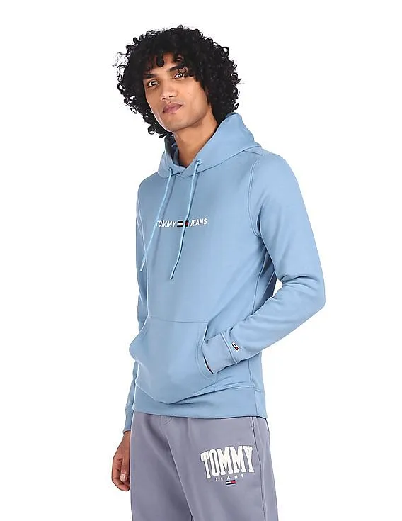 Tommy Hilfiger Men Light Blue Straight Logo Drawstring Hood Sweatshirt