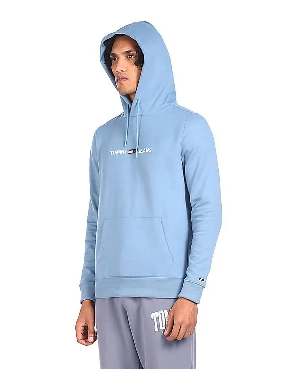 Tommy Hilfiger Men Light Blue Straight Logo Drawstring Hood Sweatshirt